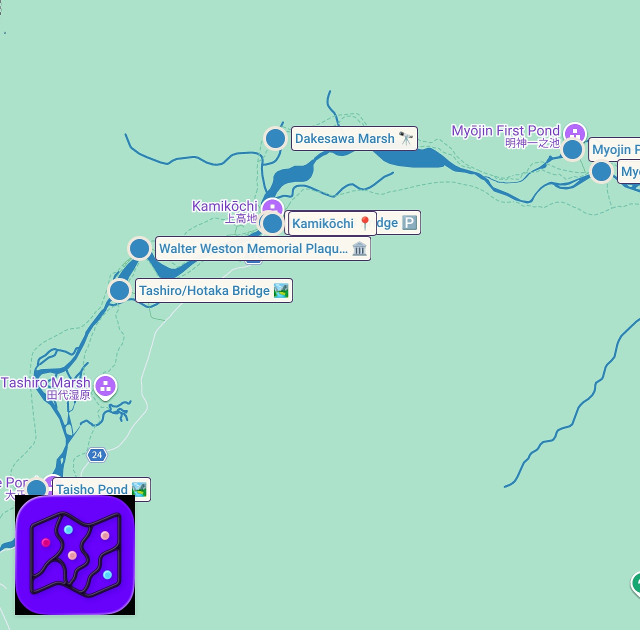 Map of 8 spots from 【4K 日本を散歩】日本の美しい自然を堪能できる 夏に向けてベストシーズンを迎える人気スポット 上高地