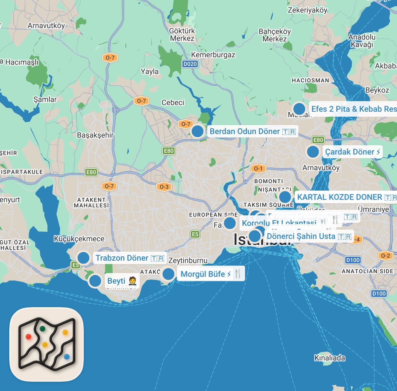 Map preview for İSTANBUL'UN EN İYİ DÖNERLERİ (En ucuzu 35 TL - En pahalısı 170 TL) - Ayaküstü Lezzetler