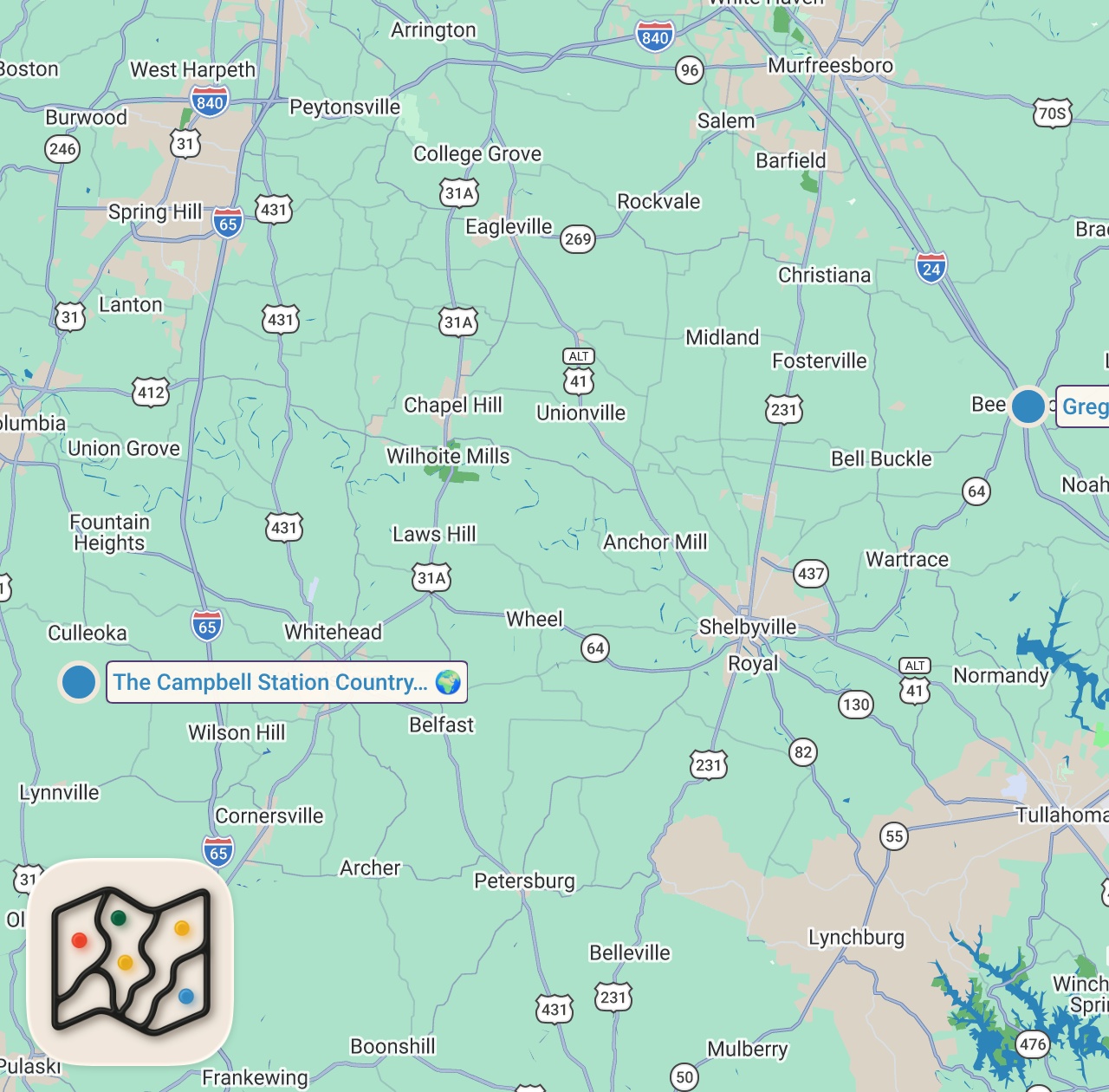 Map of 2 spots from Eating at Old Country Stores in Tennessee For 24 Hours...
