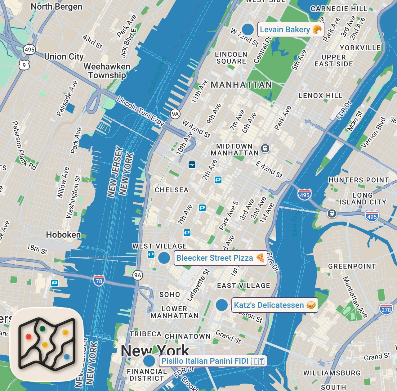 Map of 5 spots from CIBI DA MANGIARE PRIMA DI MORIRE EP.1 - NEW YORK