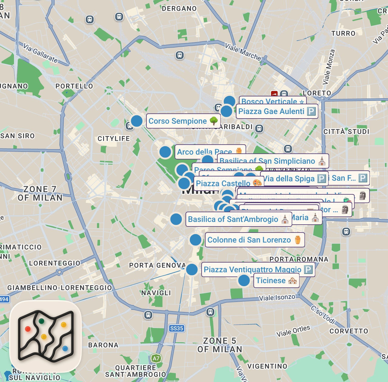 Map of 28 spots from MILAN (MILANO), Italy 🇮🇹 Ultimate Summer Walk (July 2025) - 4K 60fps Binaural ASMR