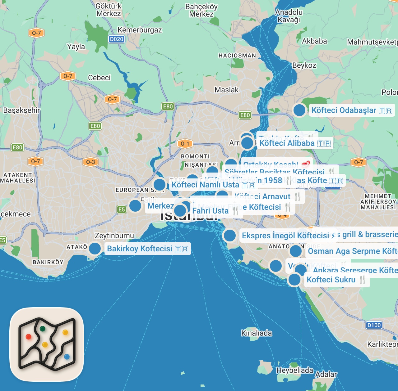 Map preview for İSTANBUL'UN EN İYİ KÖFTELERİ (Lezzetli köftenin 20 adresi) - Ayaküstü Lezzetler