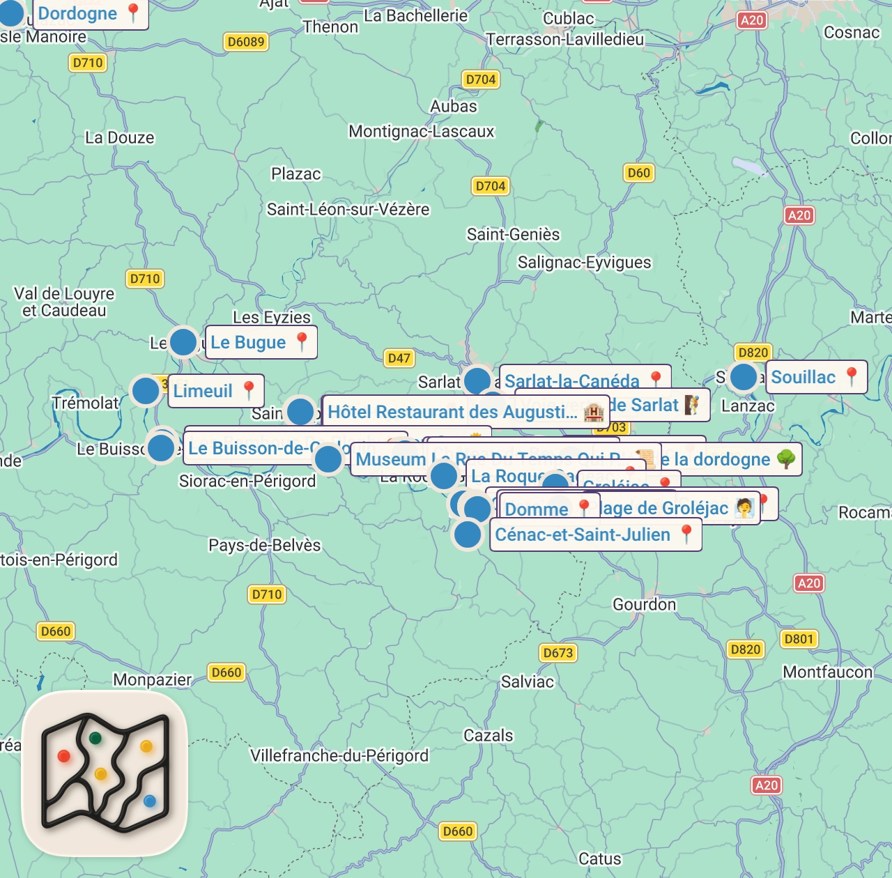 Map of 28 spots from DORDOGNE | Trip de 7 jours à pied - Une aventure au coeur du Périgord Noir !