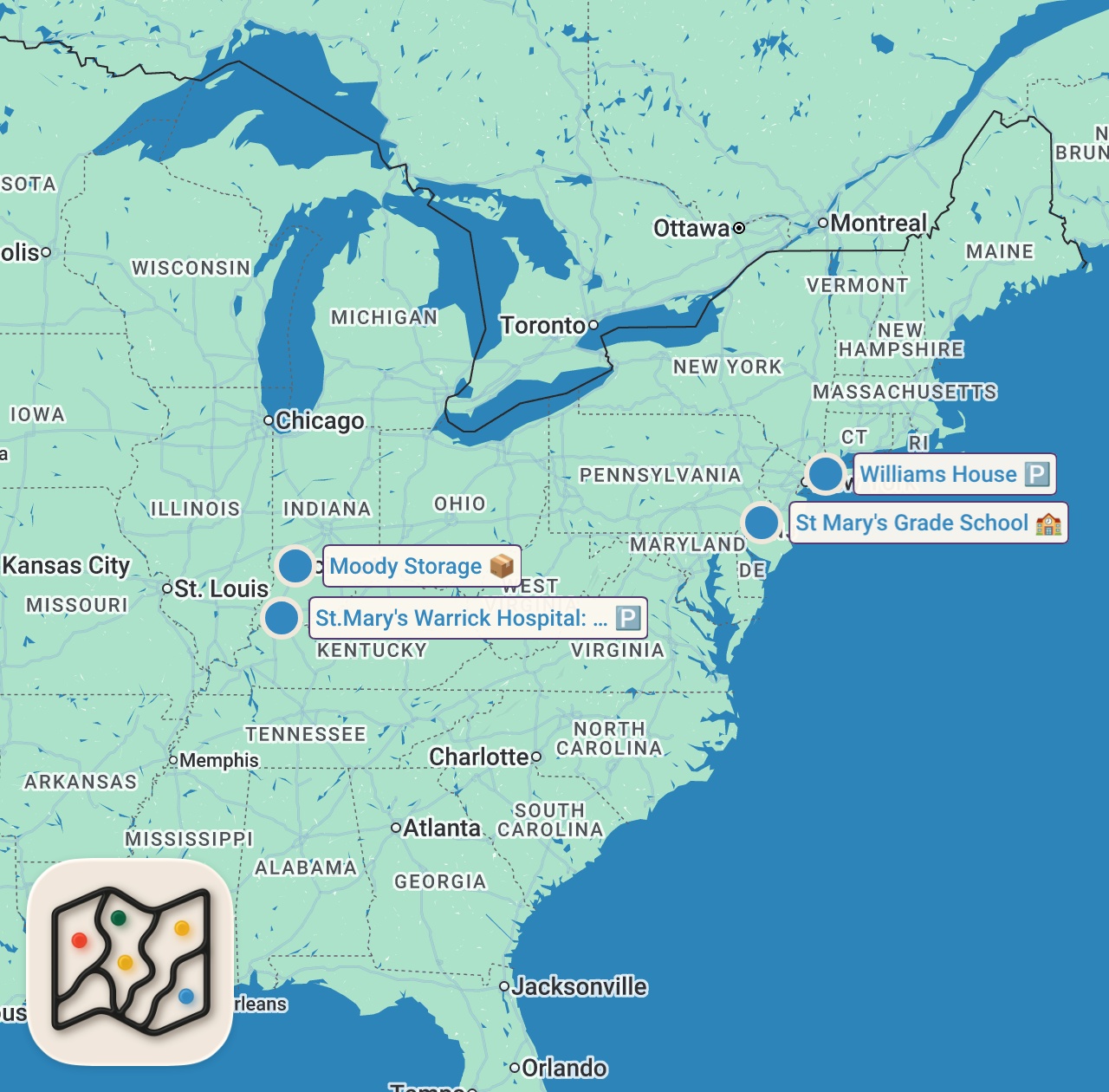 Map of 4 spots from Haunted Historic Homes | Ghost Hunters | Travel Channel