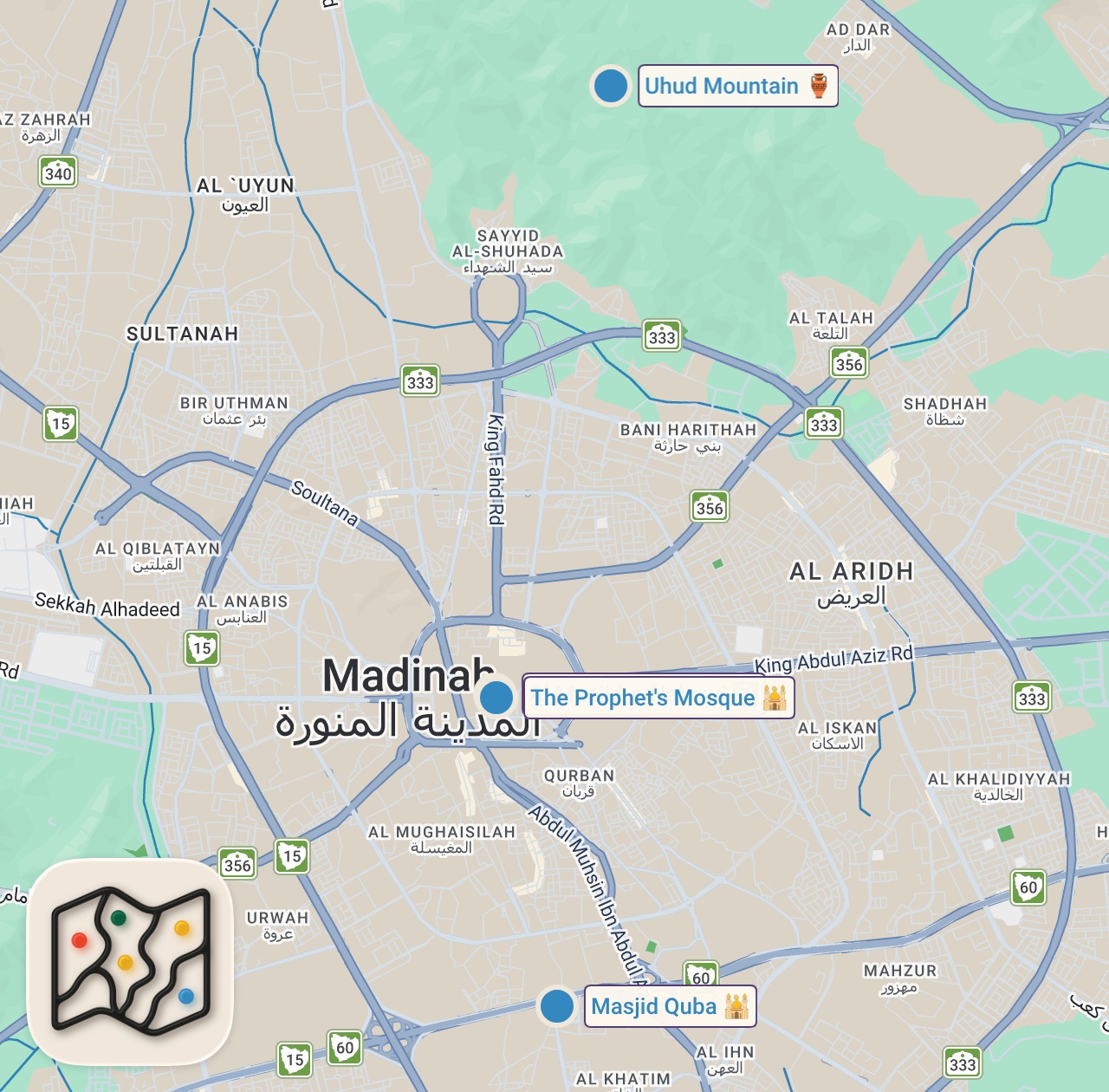 Map of 4 spots from 24 Hours Inside Medina - The Second Holiest City In Islam (Al-Masjid an-Nabawi) Saudi Arabia 🇸🇦