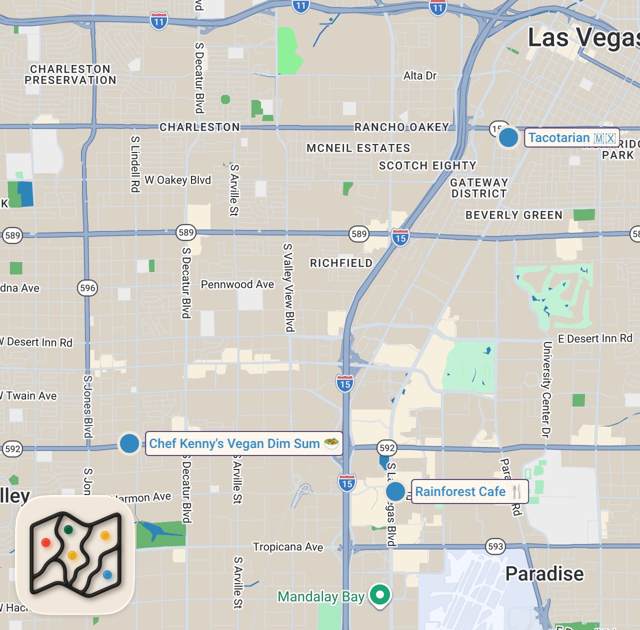 Map of 3 spots from Only eating random strangers FAVORITE FOODS IN LAS VEGAS for a day #shorts