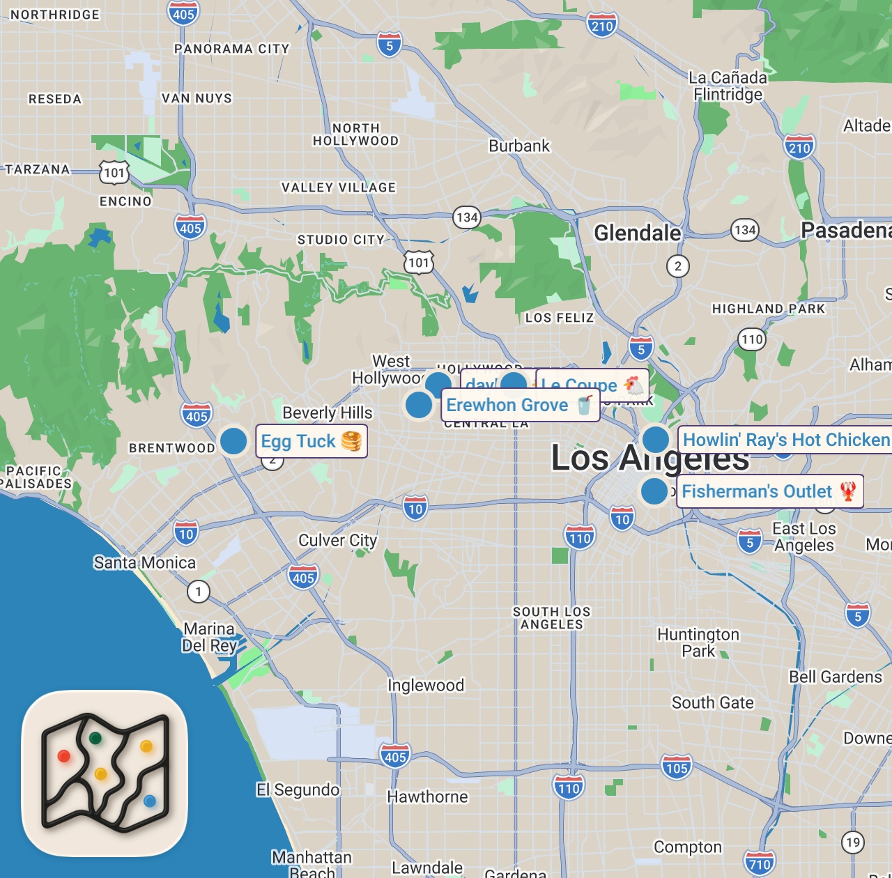 Map of 6 spots from Trying Viral TikTok Foods in LA