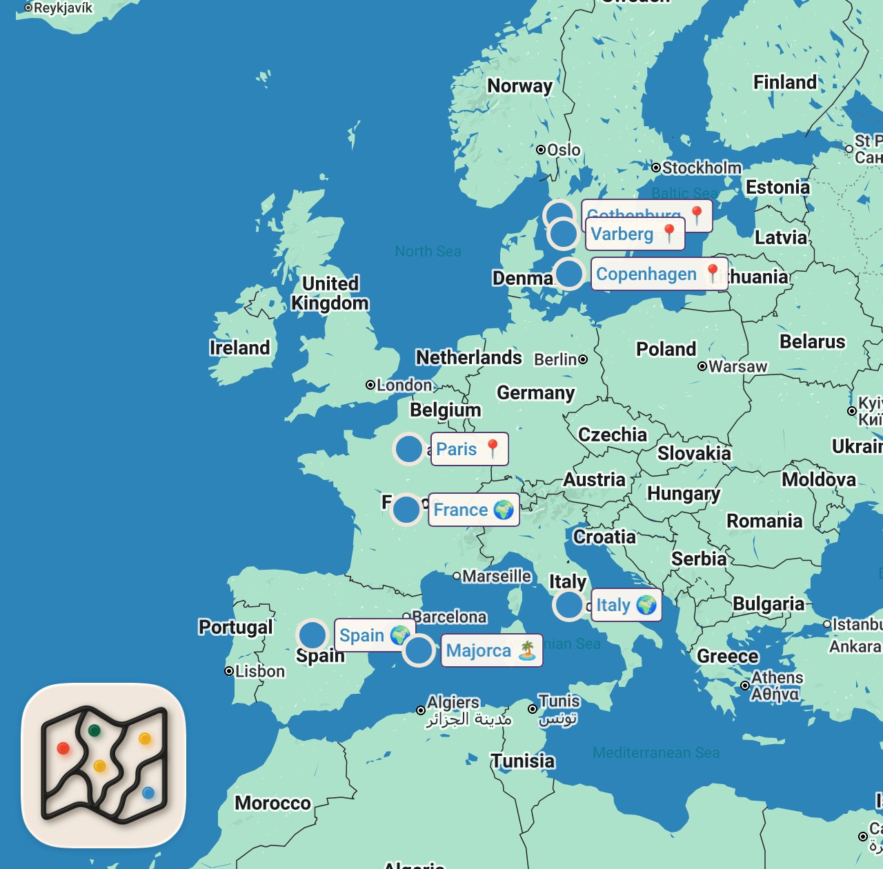 Map of 9 spots from RESER I 15 TIMMAR, HEJDÅ SVERIGE - med nyfödd och tvåårig