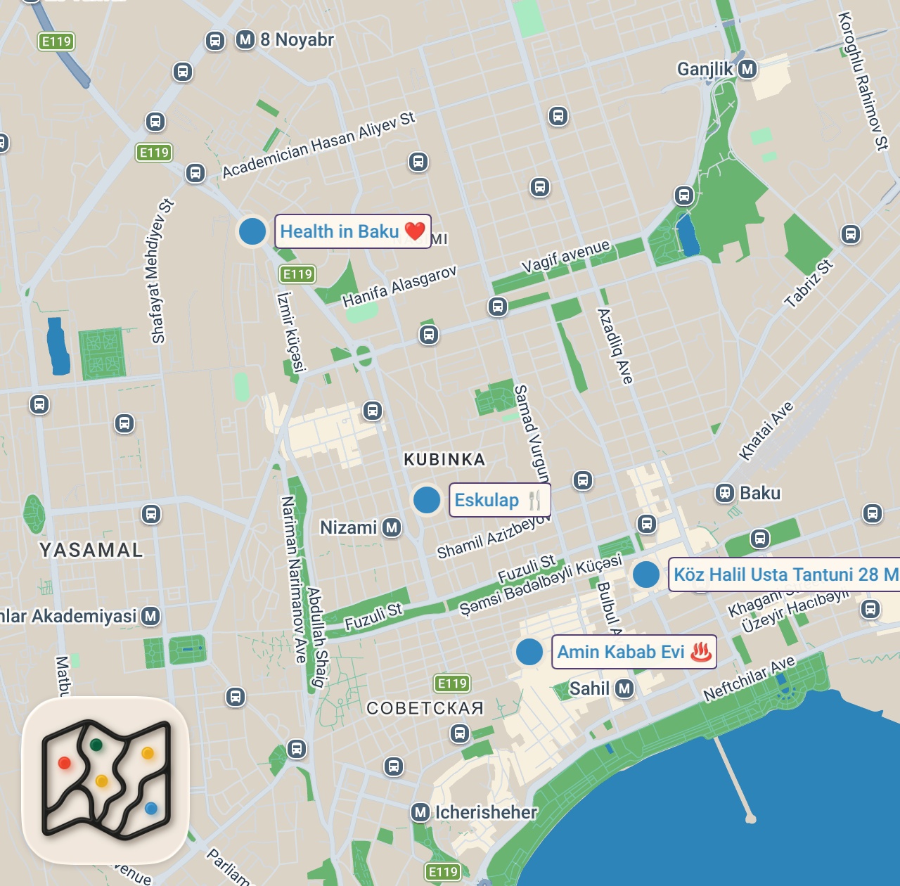 Map of 4 spots from EXTREME Street Food in Azerbaijan!! KING OF KEBABS + Local Food in Baku, Azerbaijan!