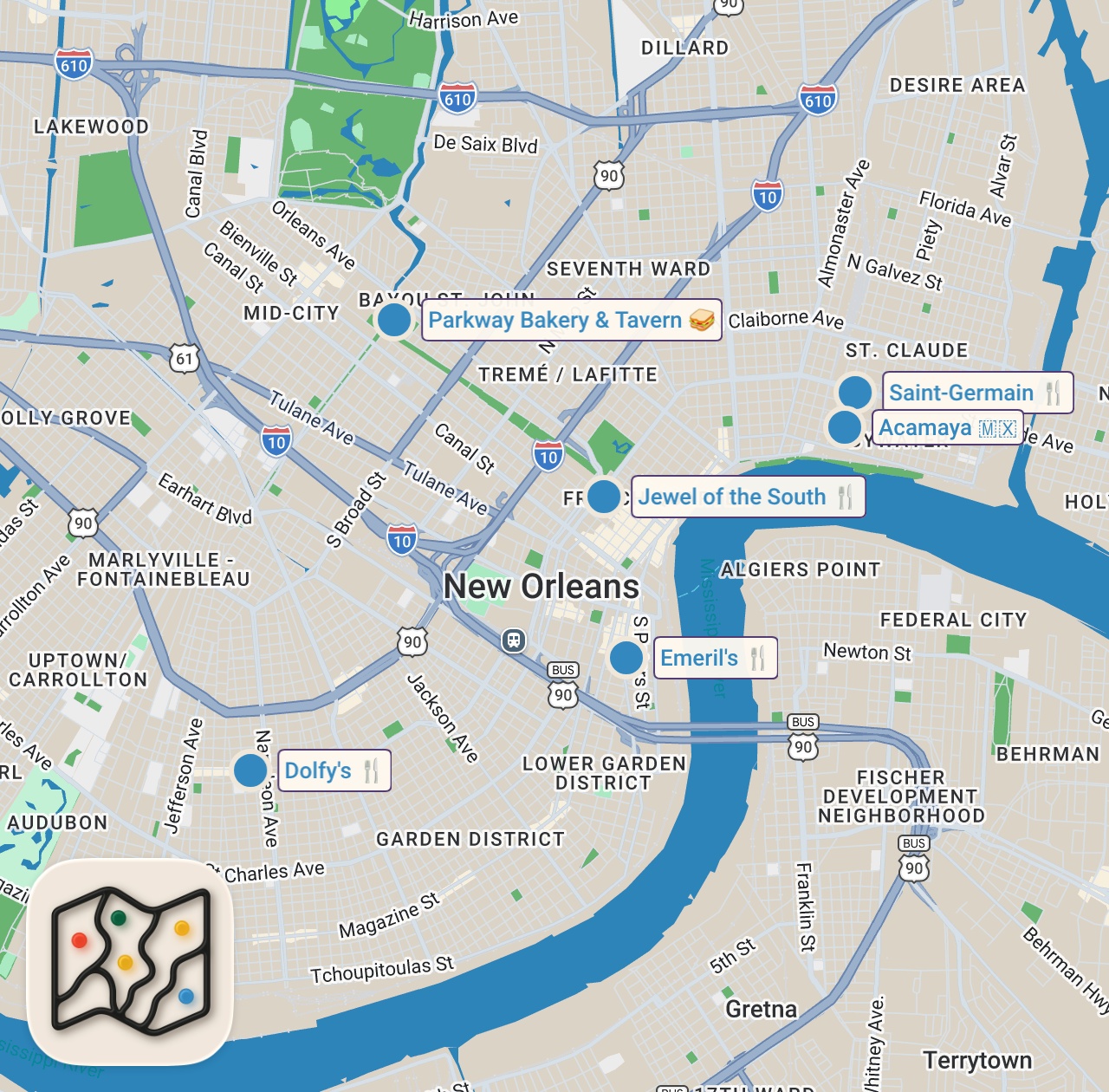 Map preview for 12HRS in New Orleans - A 2 Michelin Chef Shows us Where He Eats | Ft. Chef EJ Lagasse -  Emeril's