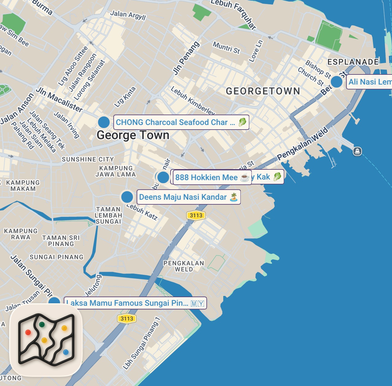 Map of 6 spots from Ultimate MALAYSIAN STREET FOOD in Penang!! 🇲🇾 5 MUST-EAT Foods in Penang, Malaysia!!