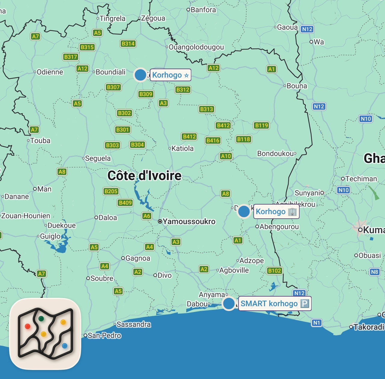 Map of 3 spots from Mutton BBQ on the Street!! AFRICAN STREET FOOD - Choukouya in Côte d'Ivoire!!