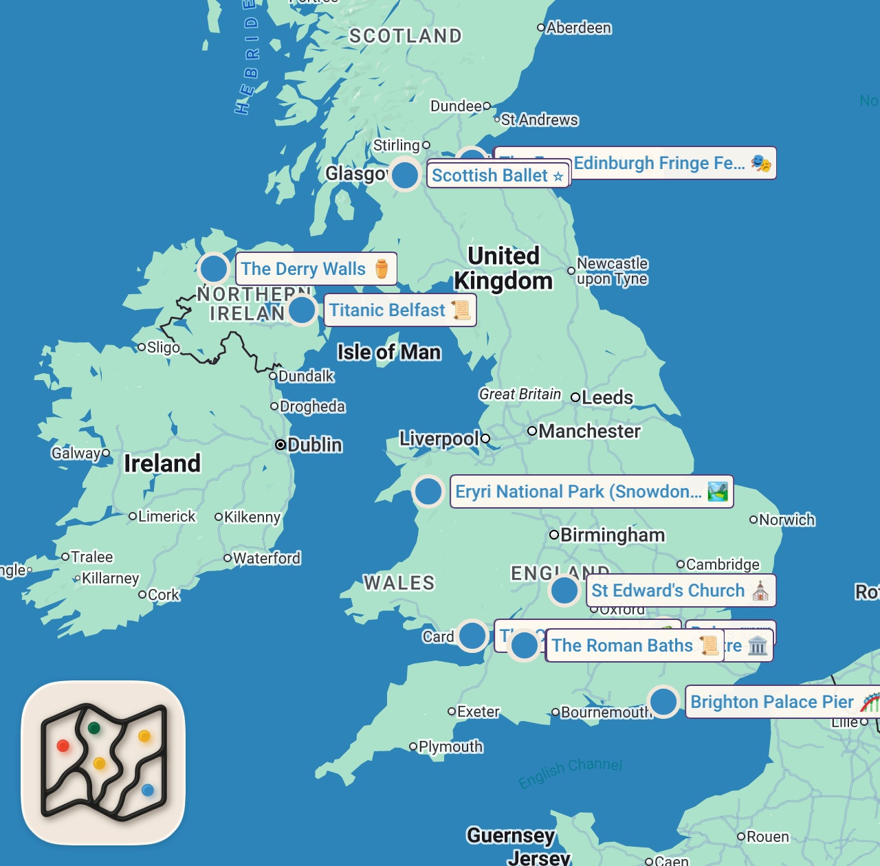 Map of 14 spots from 10 Best Places to Visit in the UK: The UK Travel Guide to England, Scotland & Northern Ireland