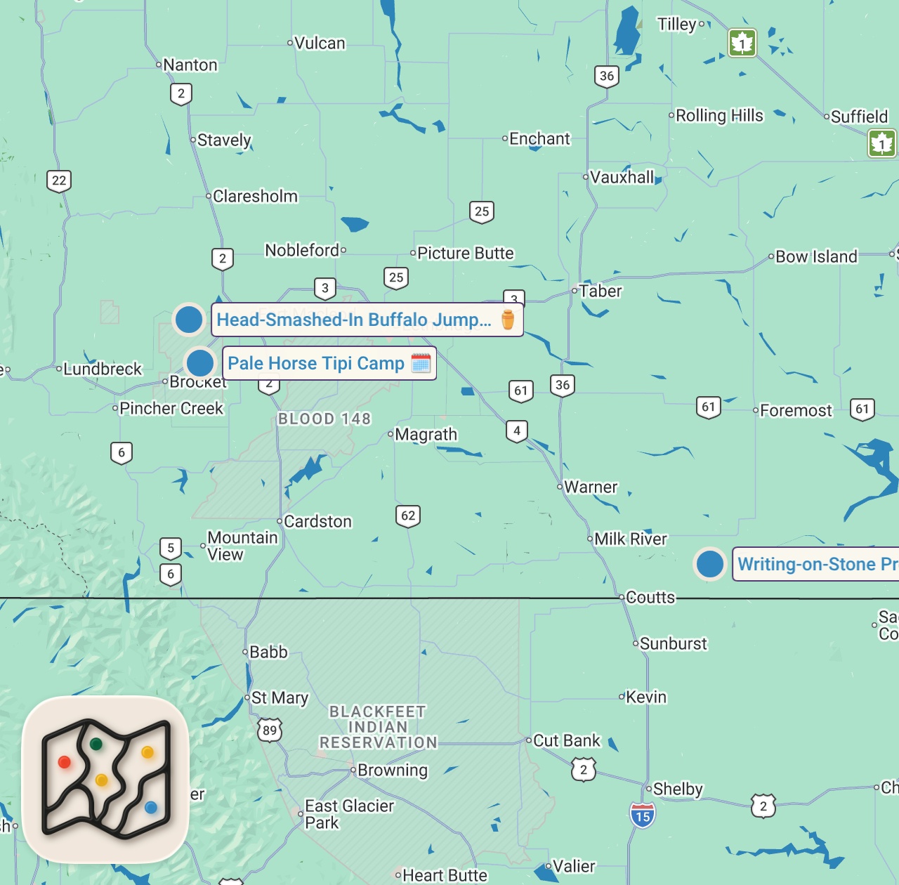 Map of 3 spots from THE BLACKFOOT NATION | Canada's First Nations