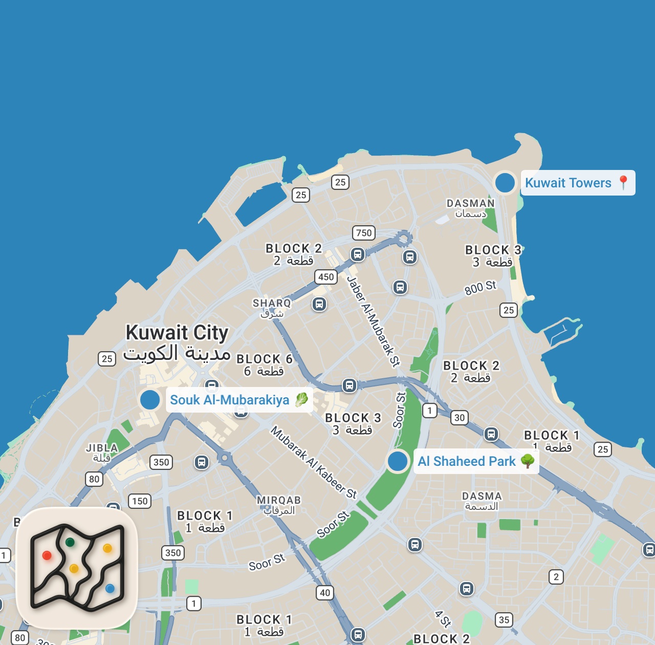 Map preview for Exploring Kuwait's Biggest Market (Souq Al-Mubarakiya, Al-Shaheed Park, & More) Travel Vlog