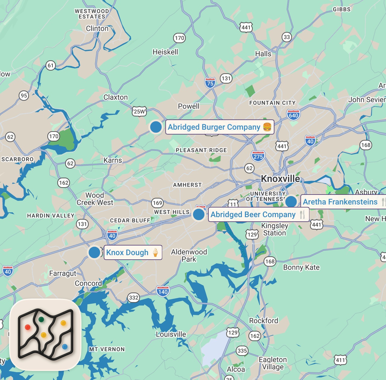 Map preview for Eating at VIRAL Restaurants For 24 Hours (East Tennessee)