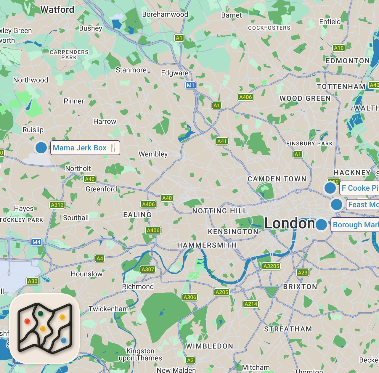 Map of 5 spots from Eating London w/ Food Busker!