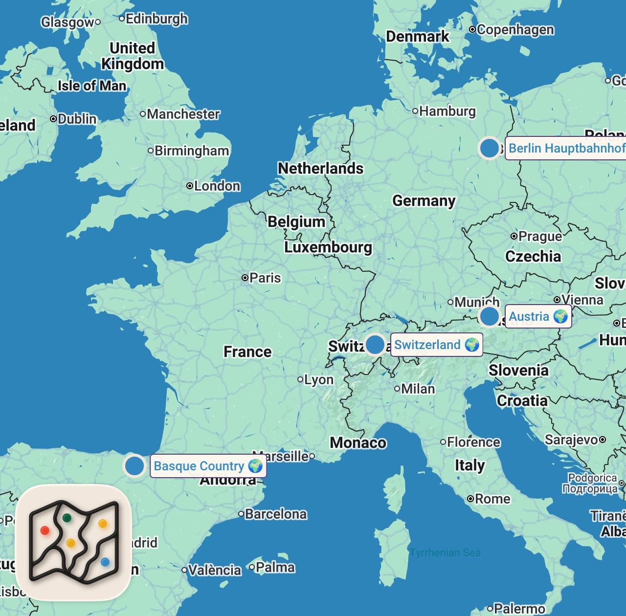 Map of 4 spots from HOW TO USE A EURAIL PASS RIGHT! ( Q & A)