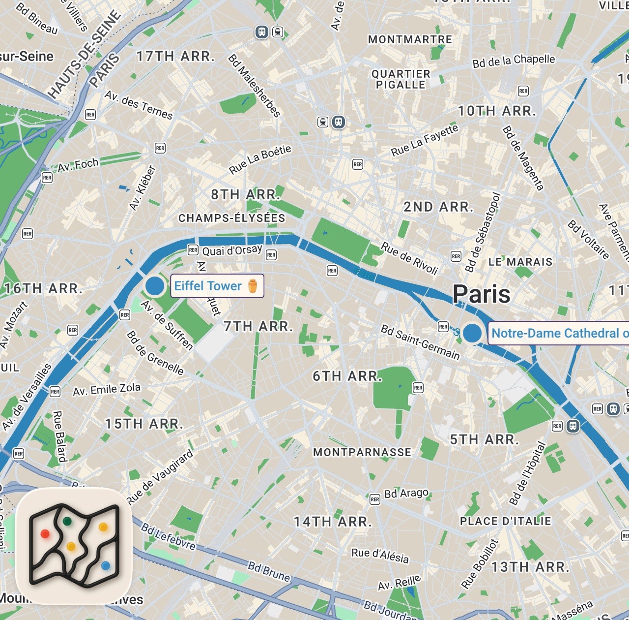 Map of 2 spots from Couchsurfing in Paris