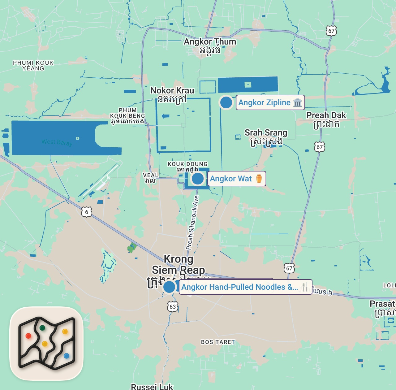 Map of 4 spots from I Got Adopted By Khmer Family For A Day In Siem Reap, Cambodia 🇰🇭