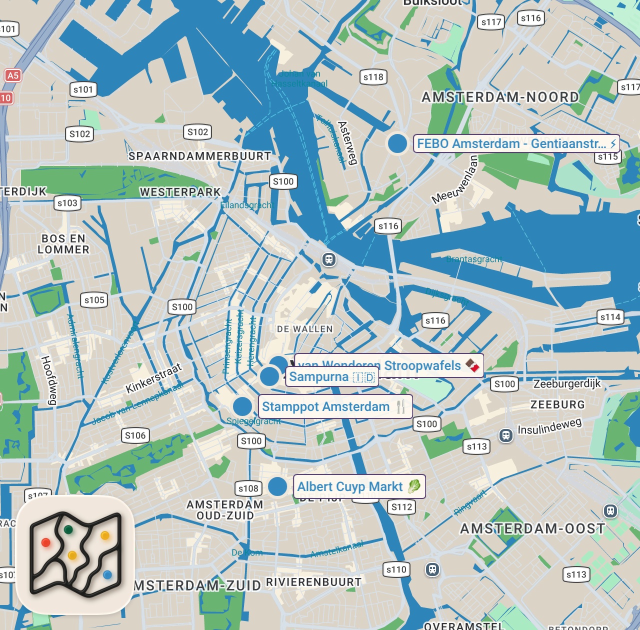 Map of 6 spots from Top 10 Dutch Foods You Must Try In AMSTERDAM!