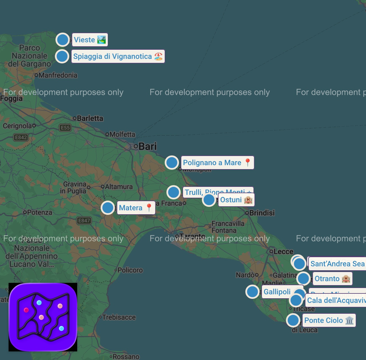 Map of 13 spots from Top 10 Places To Visit in Puglia - Italy Travel Guide