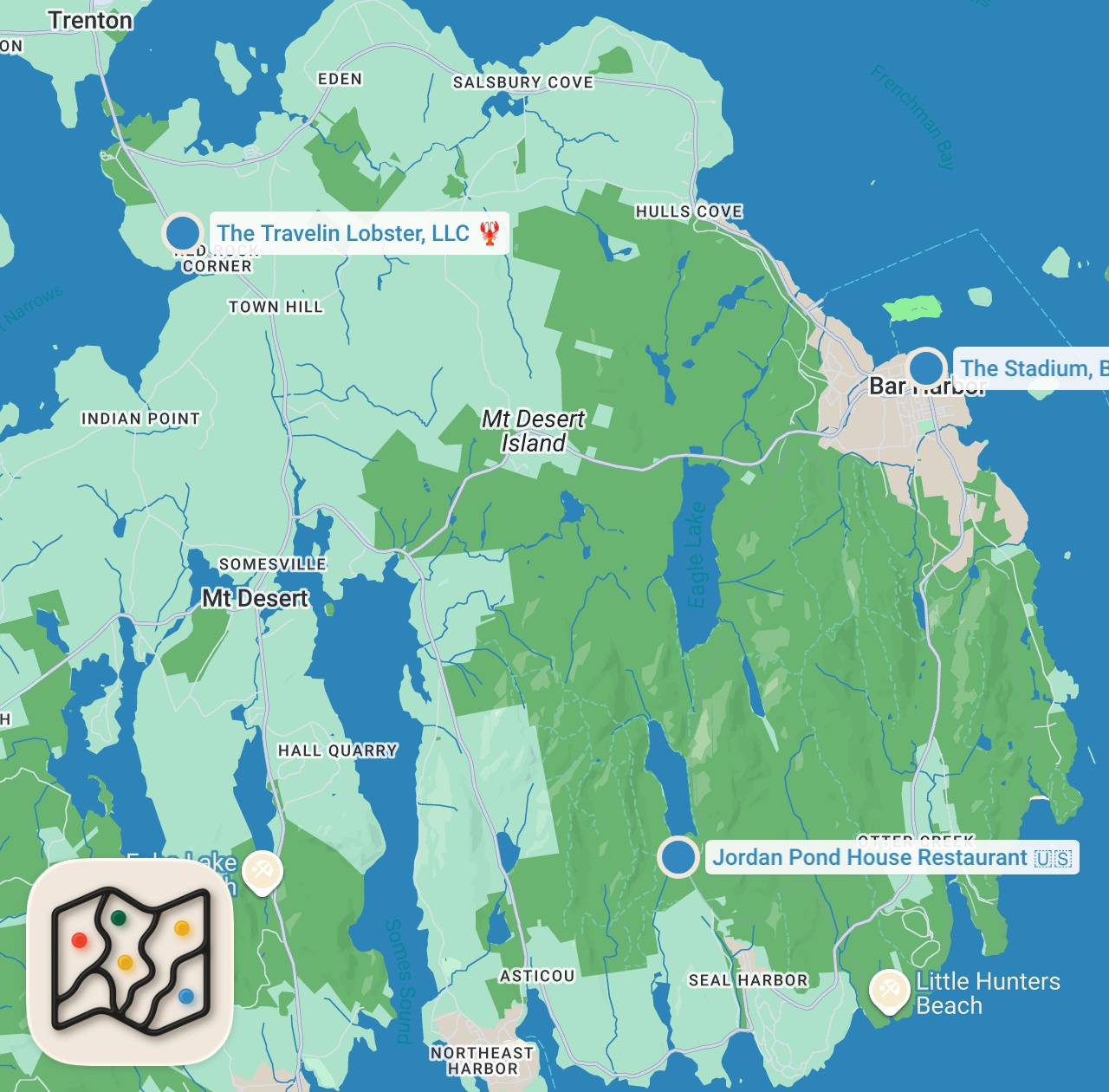 Map preview for TRYING THE BEST FOOD IN BAR HARBOR, MAINE (lobster rolls, blueberry pie, popovers)