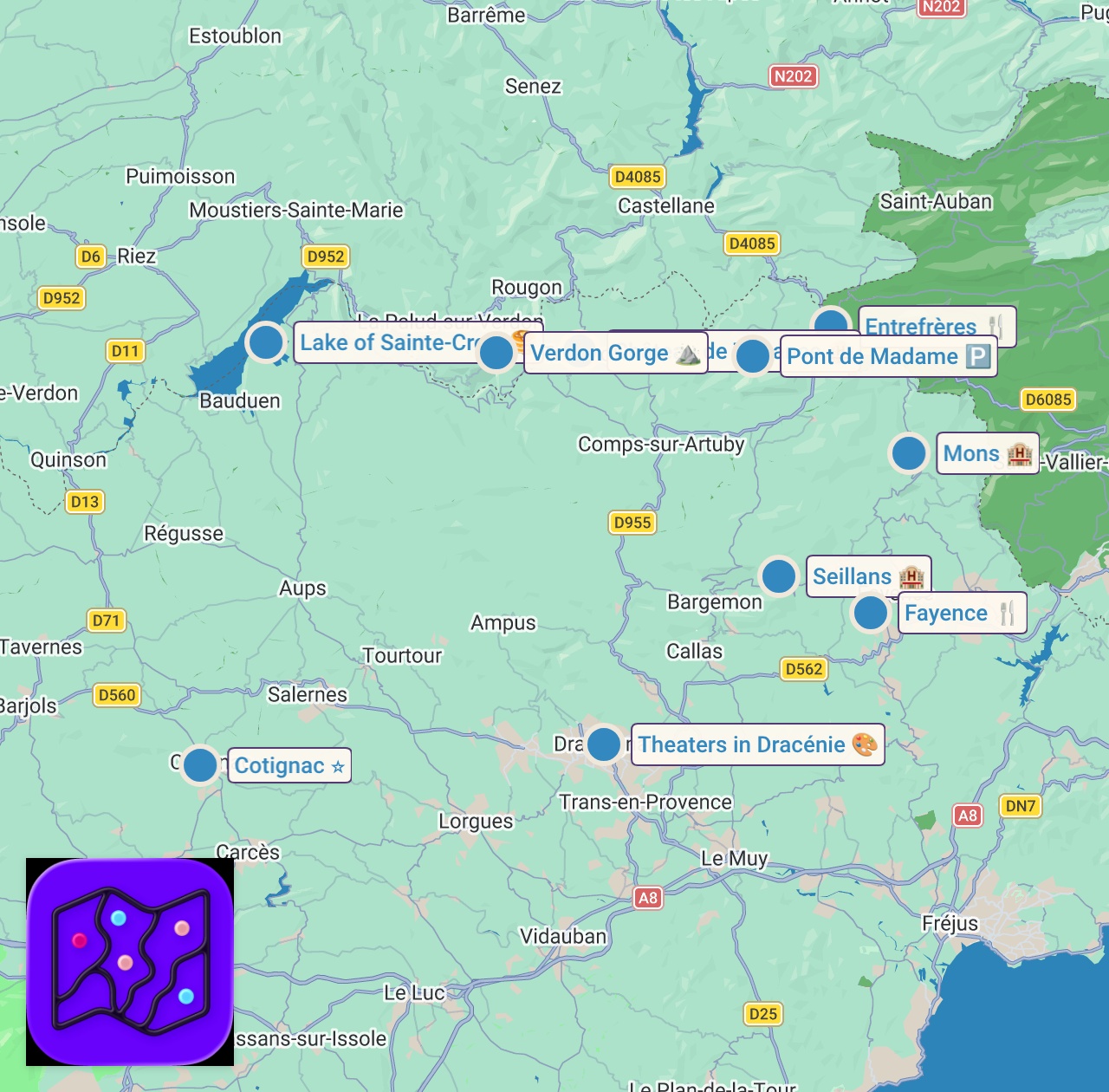 Map of 10 spots from Les SECRETS du VAR : Immersion entre PÉPITES cachées et VILLAGES de caractère ✨ |  Guide Voyage VAR