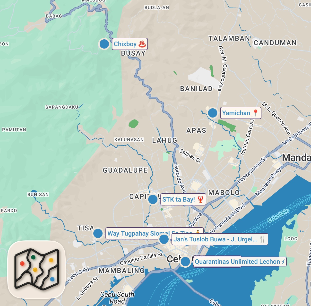 Map of 7 spots from ULTIMATE CEBU FOODTRIP | P299 UNLI LECHON | CHEAPEST RAMEN | SEAFOOD | UNLI TUSLOB BUWA | KAFOODTRIP