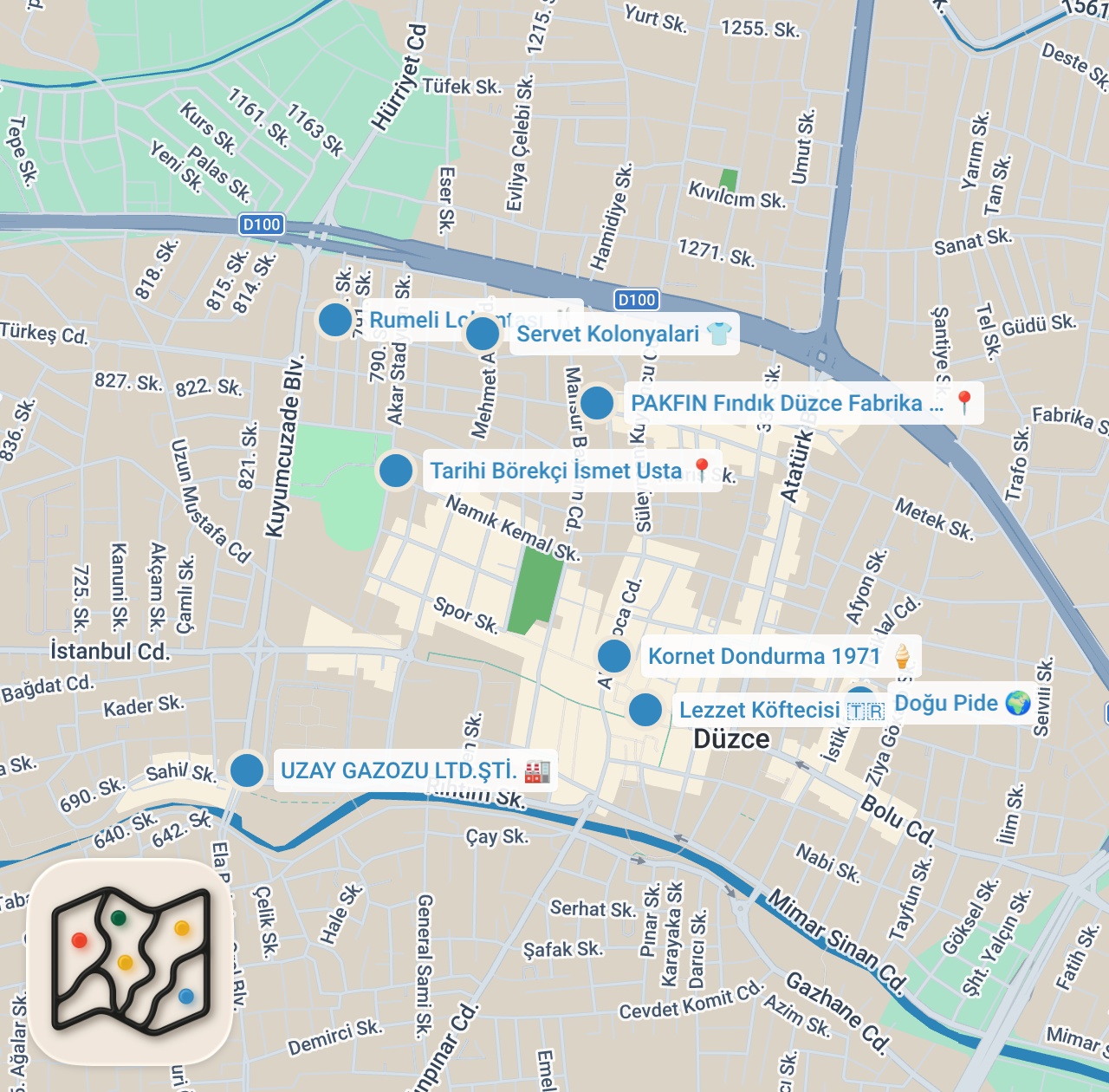 Map preview for DÜZCE LEZZET REHBERİ 100 + yıllık pideci, 92 yıllık lokanta, 67 yıllık köfteci, 53 yıllık börekçi