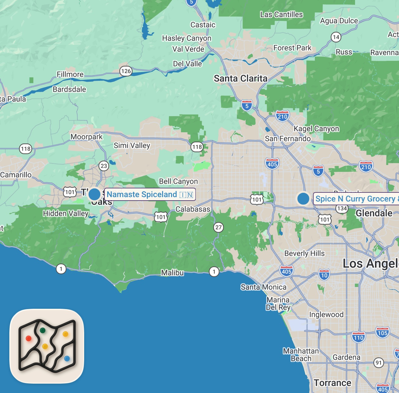 Map of 2 spots from Eating At INDIAN Super Markets For 24 Hours (Impossible Food Challenge)