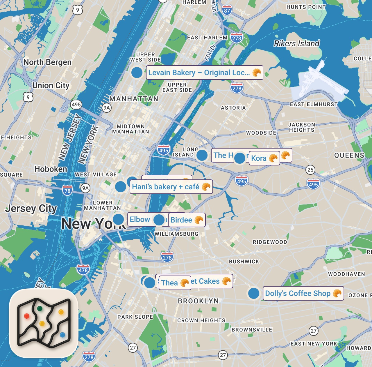 Map of 10 spots from The Top 10 Best Bakeries in NYC of 2025
