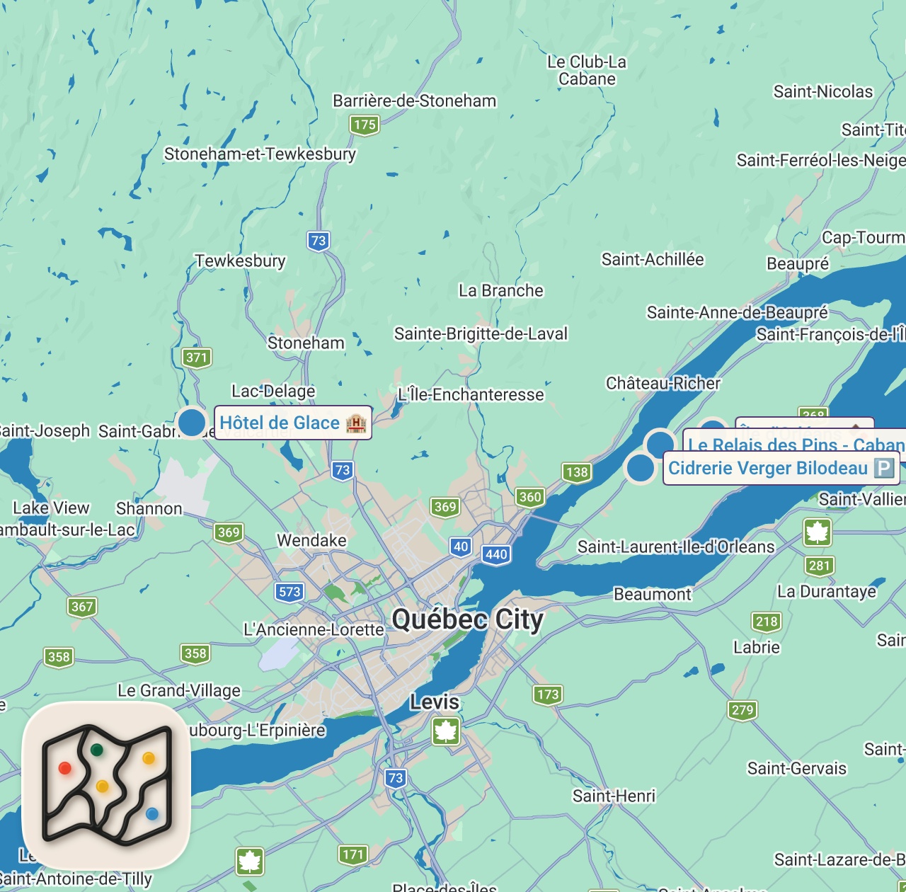 Map of 4 spots from Is this the World's Most Incredible Hotel?  | ICE HOTEL in Quebec Canada!
