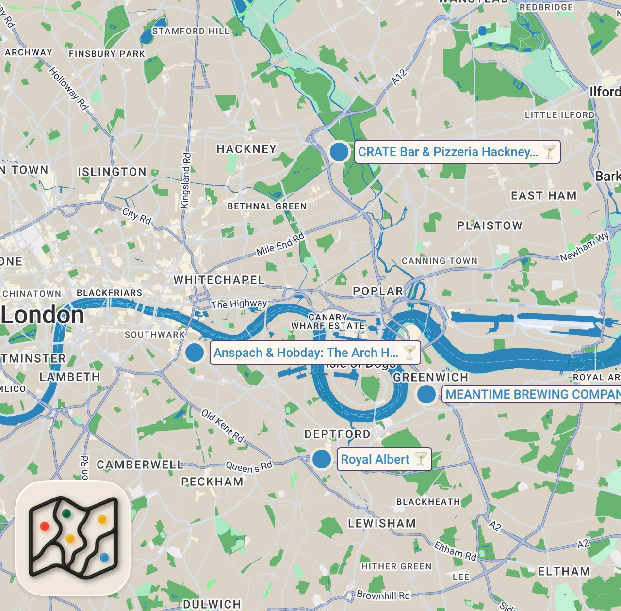 Map of 4 spots from Craft Beer Pubs of London
