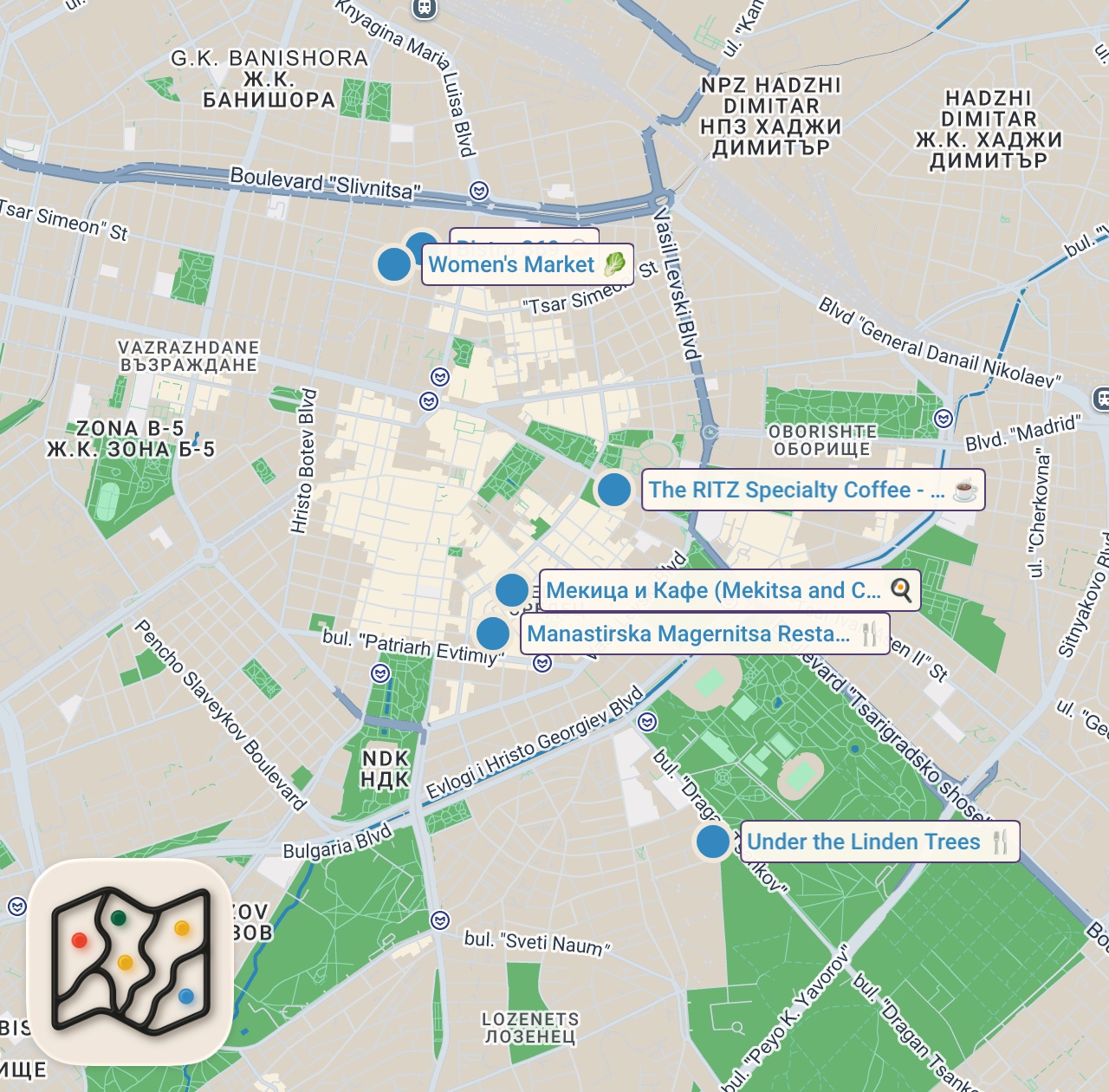 Map preview for 48 Hour BULGARIAN STREET FOOD in Sofia 🇧🇬 Banitsa + Kebab + Mekitsa + Pork Leg & More