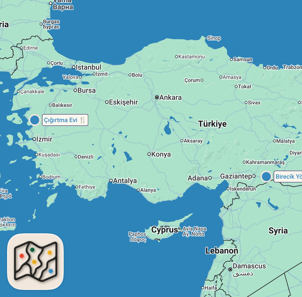 Map of 2 spots from Çığırtma (Fried Eggplant with Tomato Sauce)