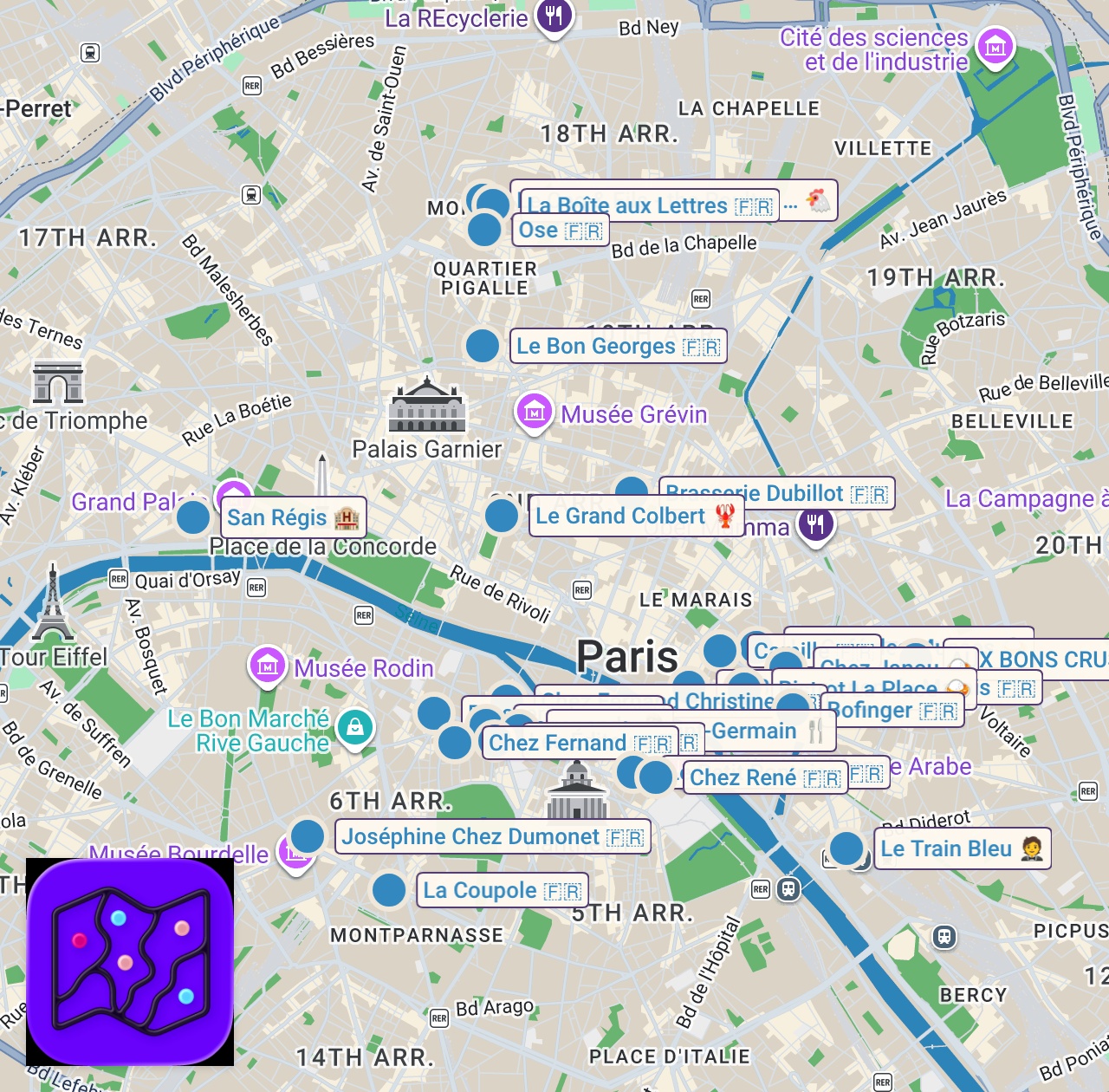 Map of 33 spots from Paris Best Restaurants Guide 2025 (38 Bistros)
