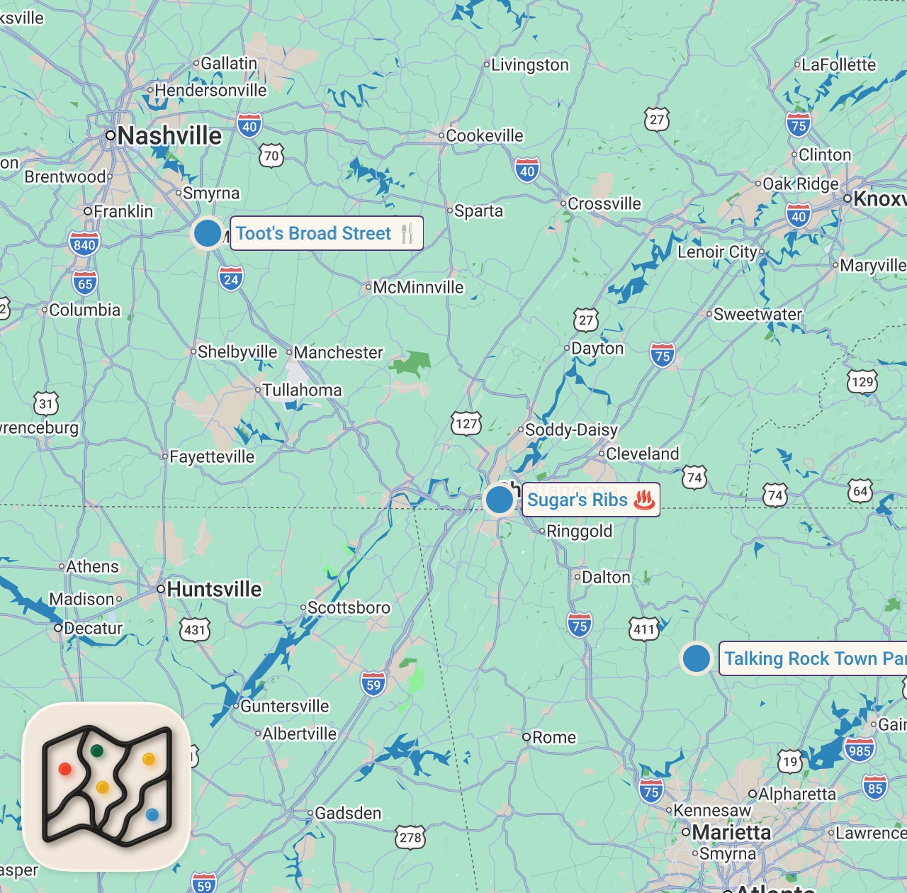Map of 3 spots from Letting Billboards Decide What I Eat For 24 Hours...