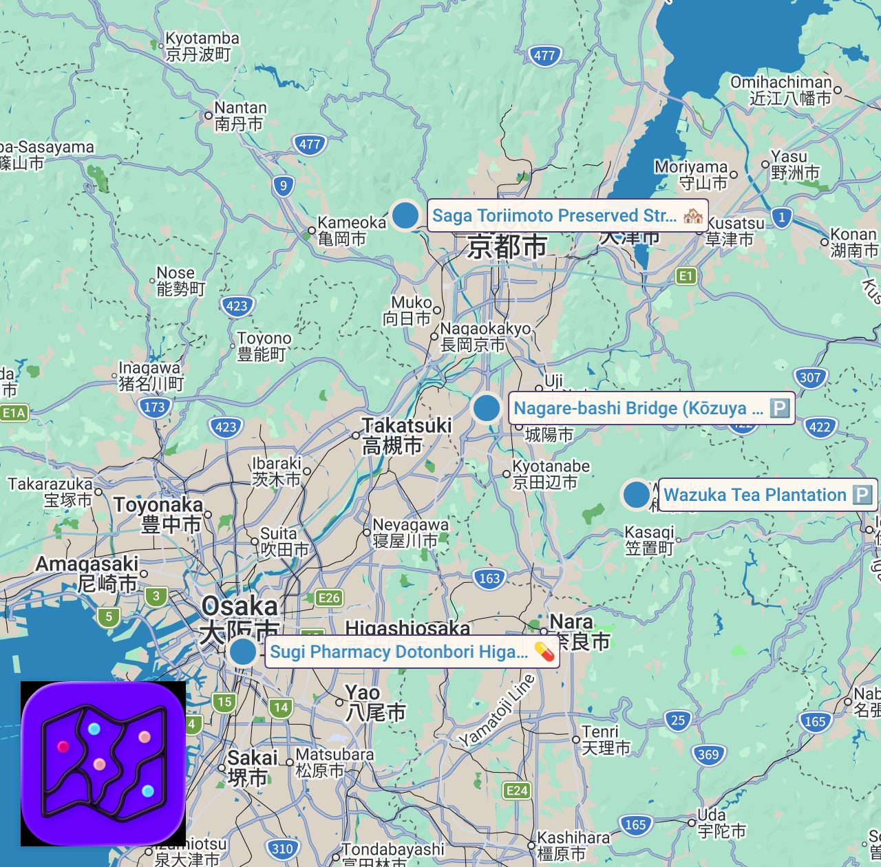 Map of 5 spots from 【関西•穴場】大阪から１時間でタイムスリップ！ノスタルジックな日本の原風景が残る穴場スポット５選