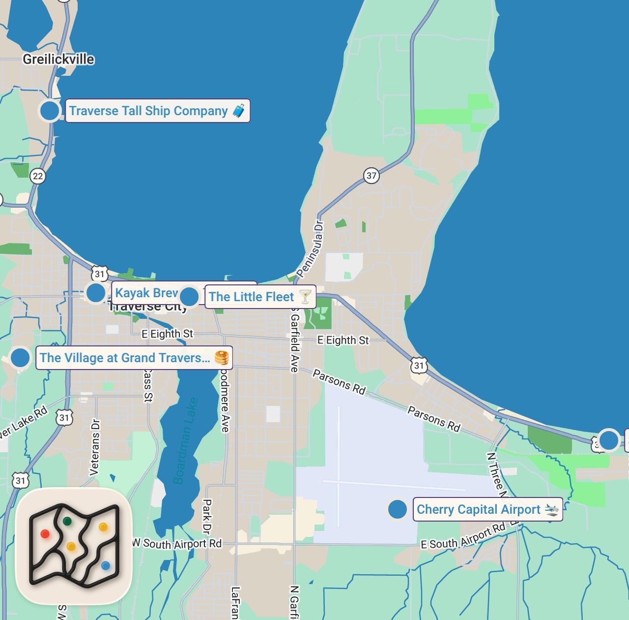 Map of 7 spots from Exploring The Great Lakes | Traverse City, Michigan USA