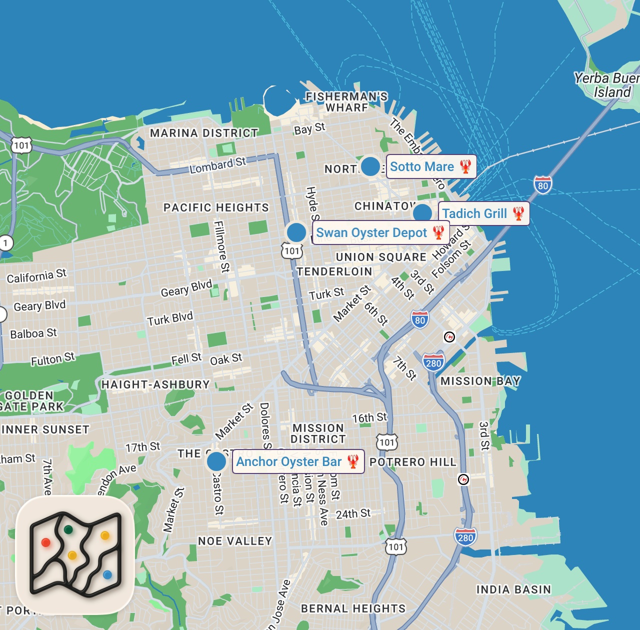 Map of 4 spots from Oldest Restaurant in California!! SAN FRANCISCO FOOD TOUR + Huge Seafood Bowl!!