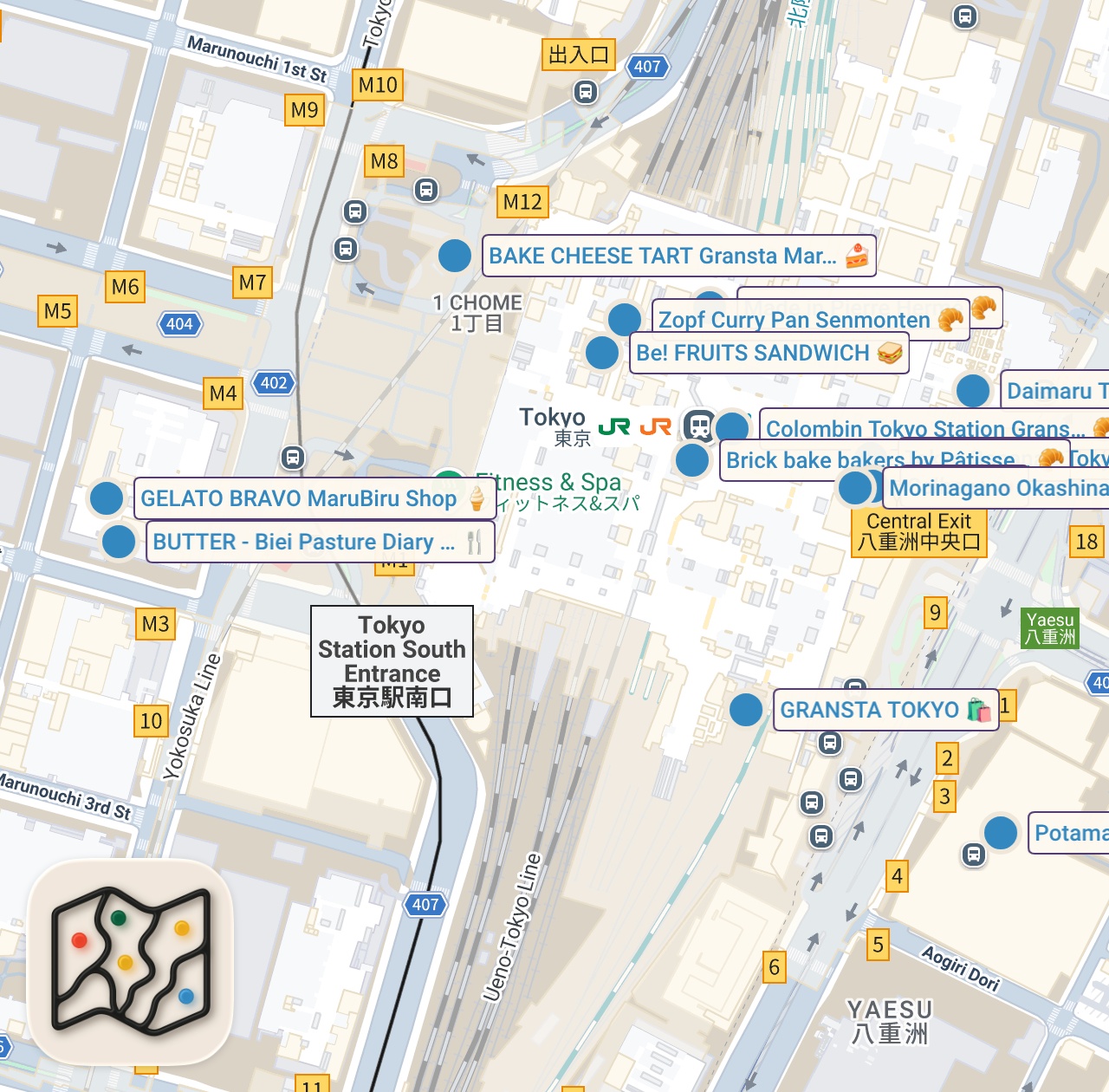 Map of 14 spots from 【東京駅】食べ歩きスイーツ・グルメ 18選！構内や直結施設でサクッと食べられる絶品メニューばかり