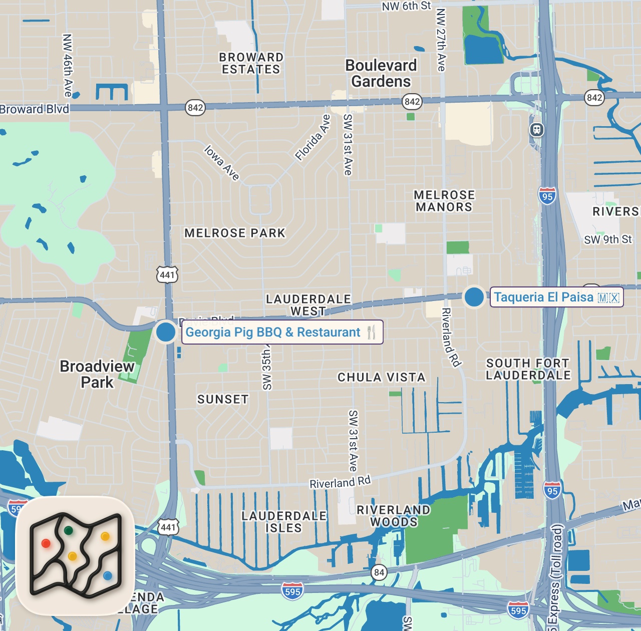 Map of 2 spots from Eating at SKETCHY Restaurants For 24 Hours... (South Florida)