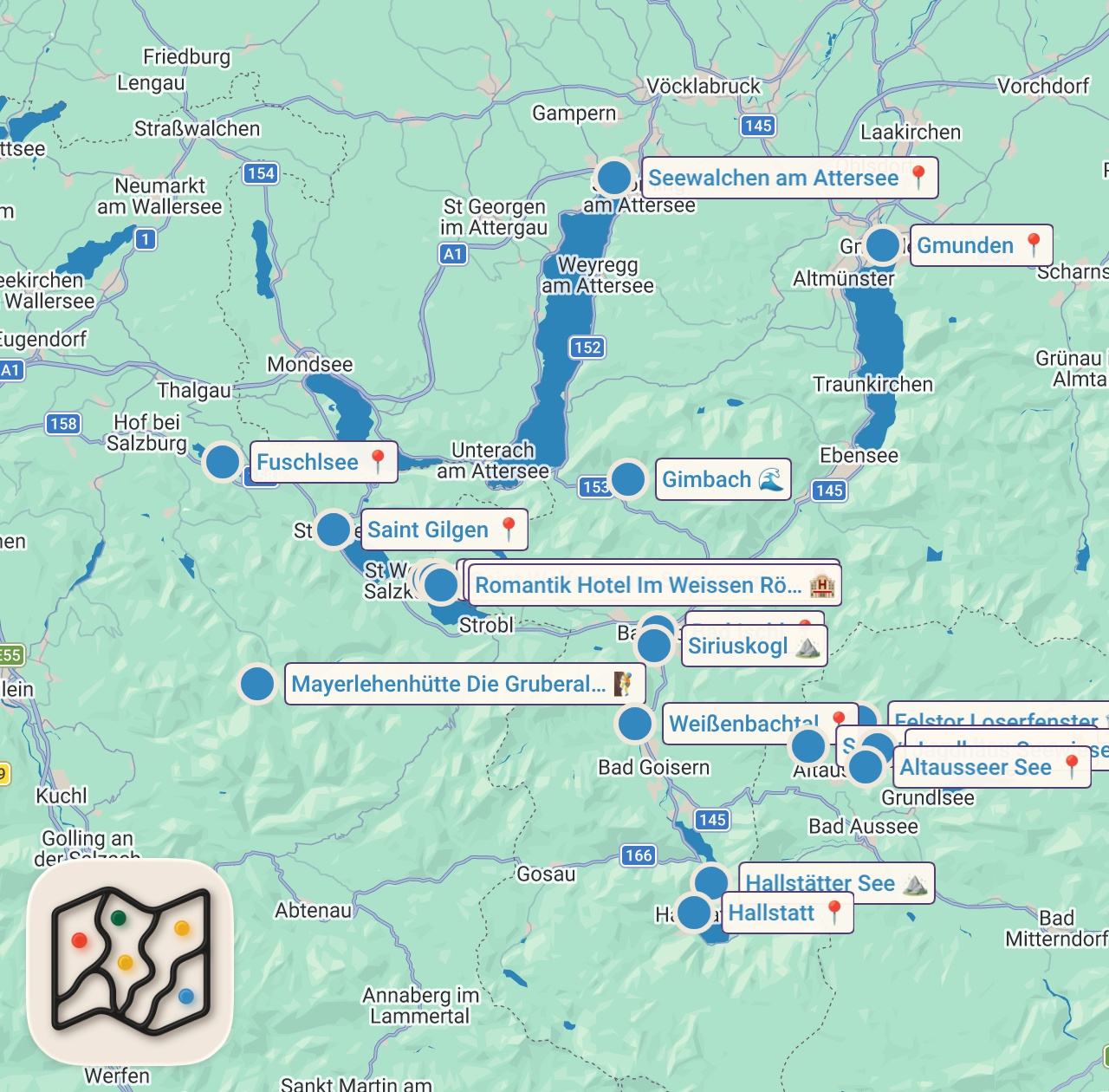 Map of 18 spots from Das Salzkammergut in Österreich: Hallstatt, Hollywood, Seen und Berge | Wunderschön | ARD Reisen
