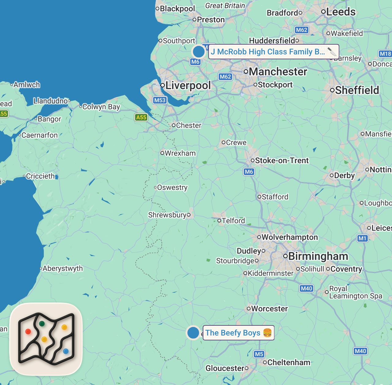 Map of 2 spots from 12 Hours Eatings Hereford's Most INSANE Food!
