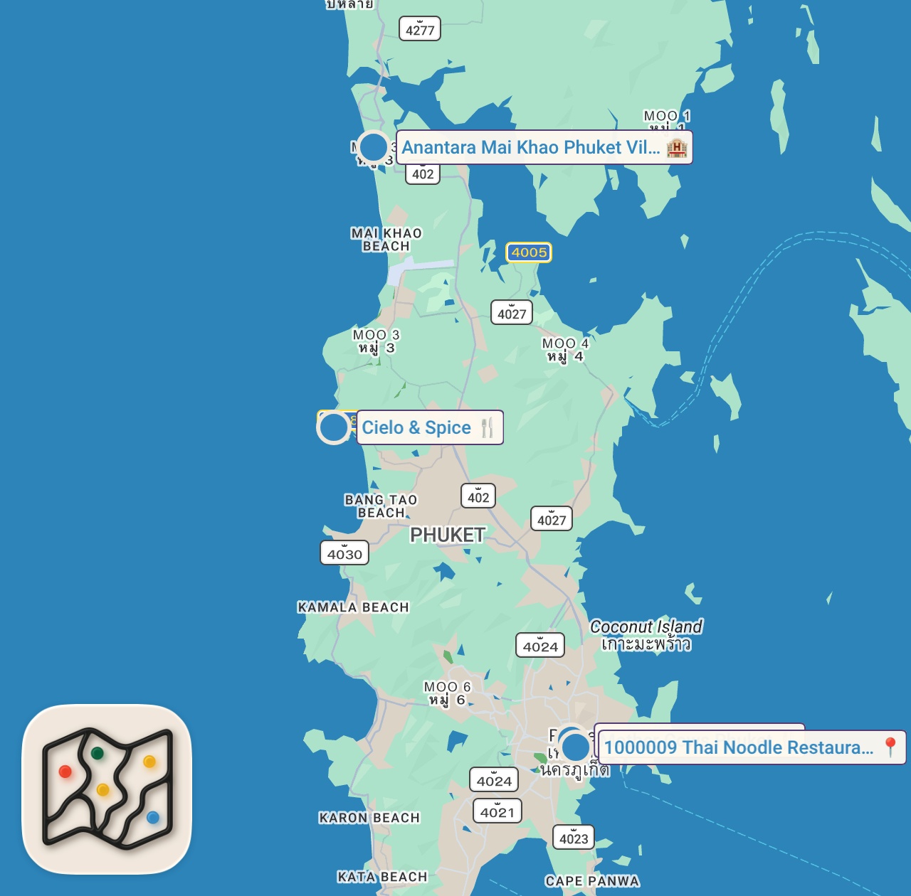 Map of 4 spots from PUKET VLOG! | 125 liraya akşam yemeği, Asya'nın en iyi 36. pizzacısı, kötü yemek deneyimi!