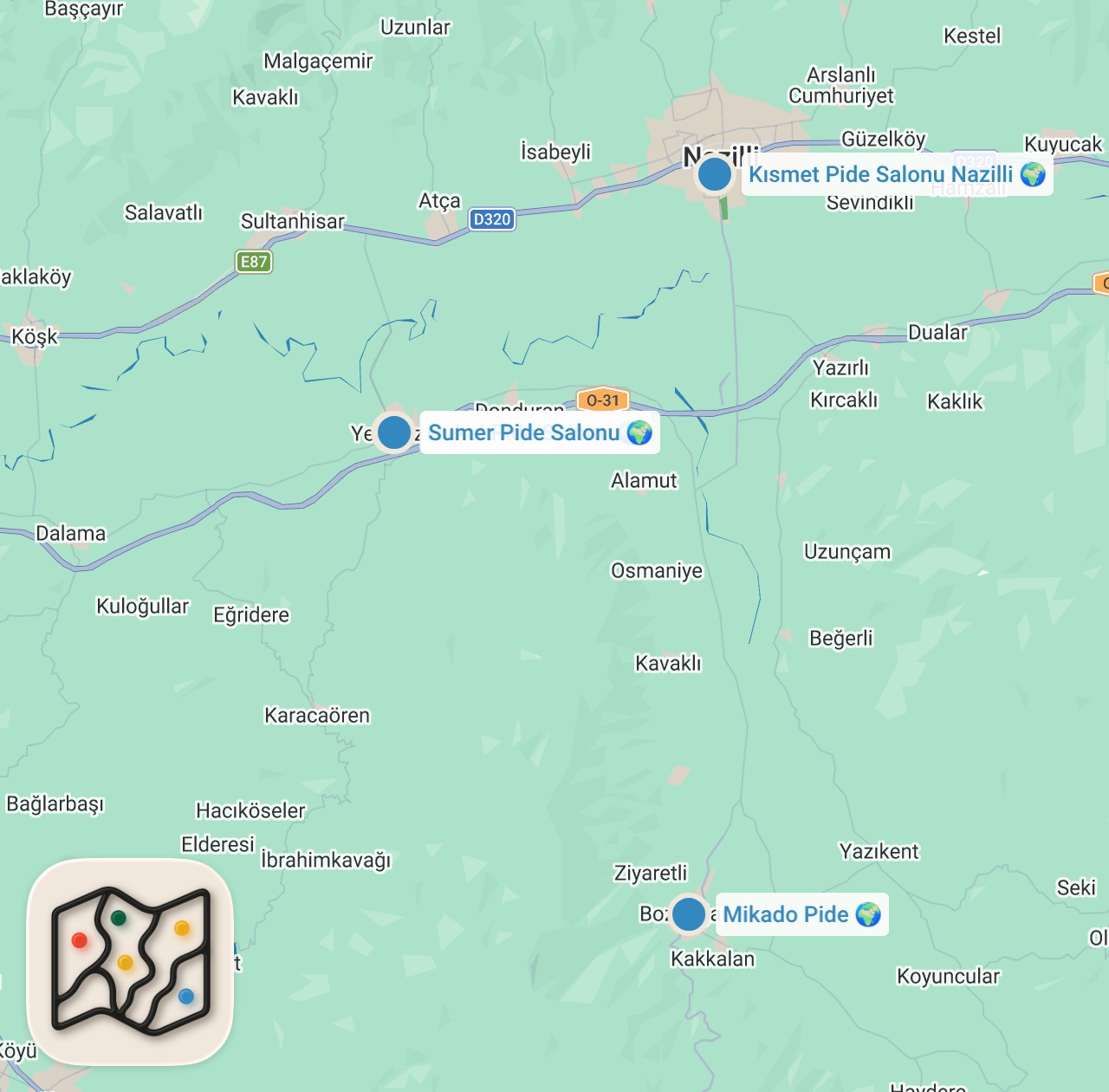 Map of 4 spots from AYDIN PİDE REHBERİ (Nazilli, Bozdoğan ve Yenipazar'da 11 farklı pide yedik) - Ayaküstü Lezzetler