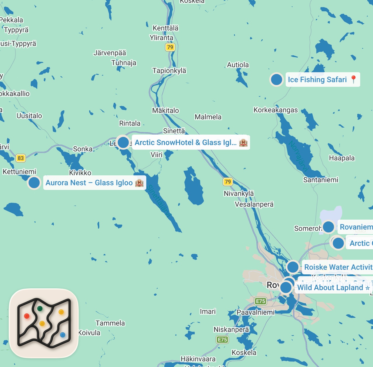 Map preview for TOP 10 THINGS TO DO IN ROVANIEMI (plan your winter trip to Finland)