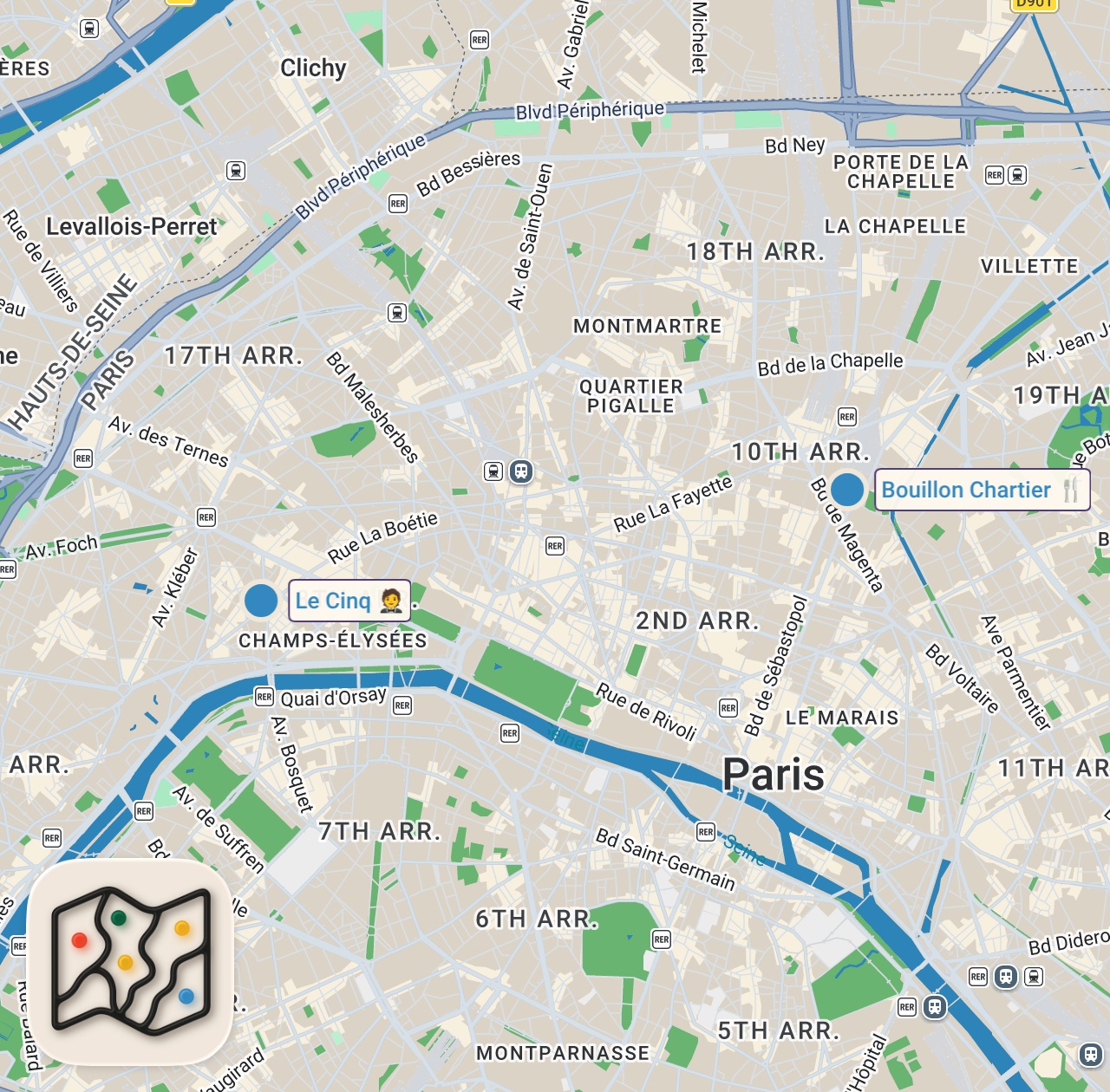 Map of 2 spots from €8 vs €1,640 Dinner in Paris