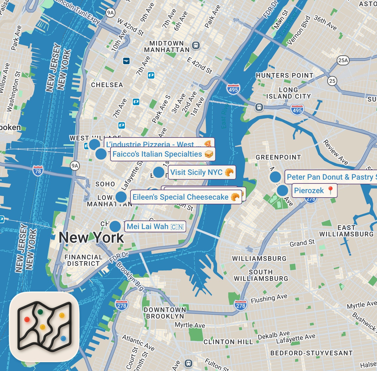 Map of 10 spots from 72 hour New York City Eating Guide! Save this for your next trip.